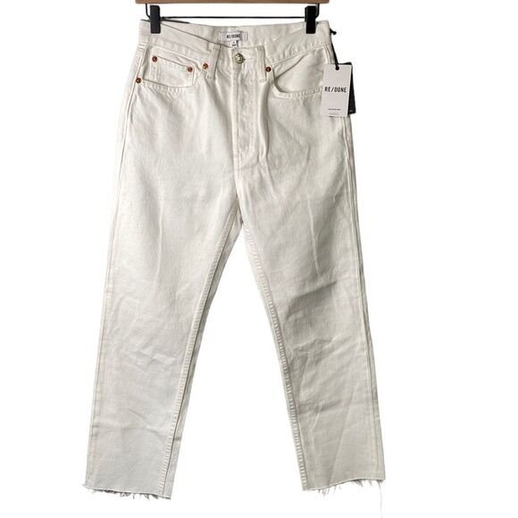 RE/DONE 70s Stove Pipe Straight Leg High Rise White Distressed Cropped Jeans